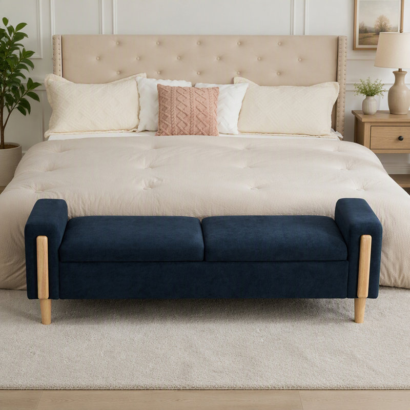 Banc de rangement moderne rembourré avec tissu chenille et pieds en bois d'hévéa, Blue, Blue