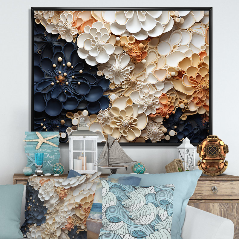 Collage de fleurs blanches et bleues corail II - impression, H 34 po x l 44 po x P 1,5 po, Cadre flottant noir