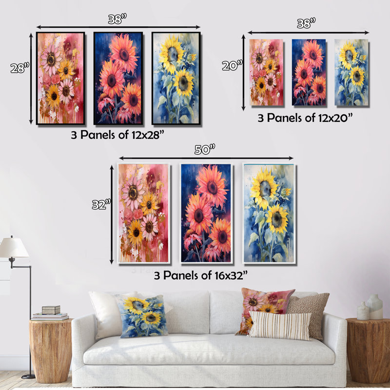 «Yellow Pink Sunflower Golden», 3 pièces sur toile, Cadre naturel flottant, H 28 po x l 36 po