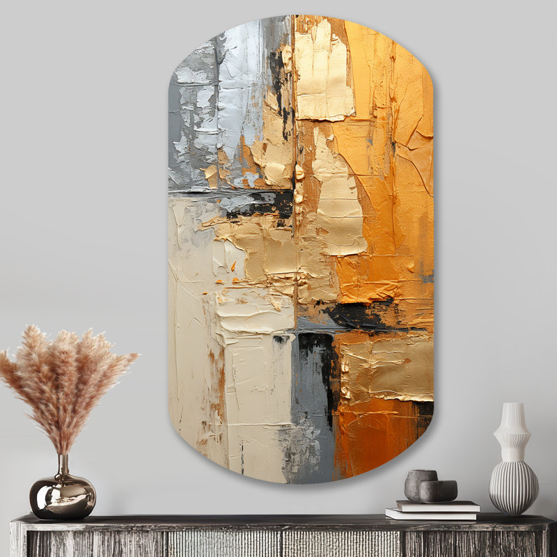 Gold Grey Gleaming Geometry XV - Cylinder Abstract Collages Metal Art, Asymmetrical Metal Wall Sculpture Print