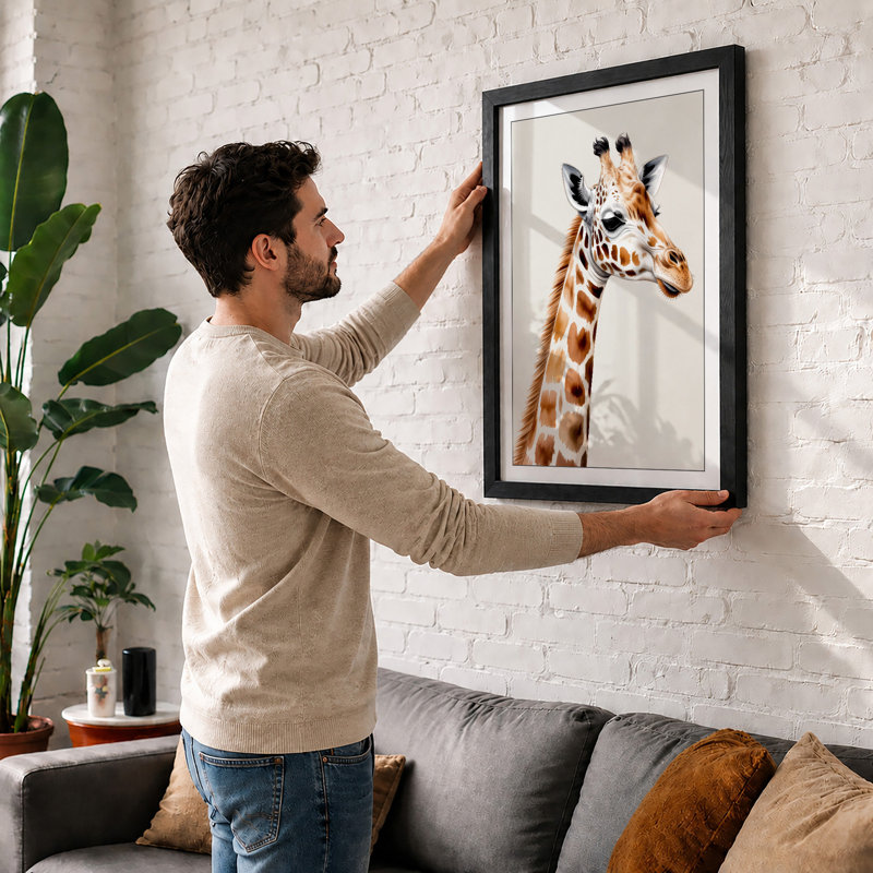 Gentle Giraffe Portrait Botanical - Framed Print, Black, A4 - 29.7 x 21.0 cm