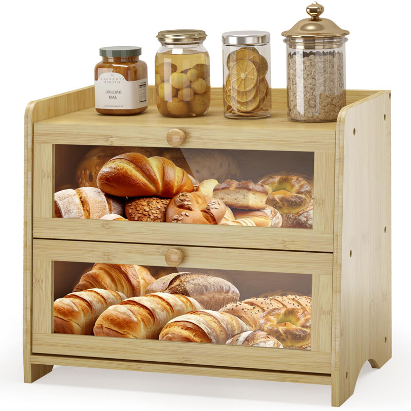 Double Layer Bread Box For Kitchen Countertop, Large Breadbox Bread Container Storage With Windows(Natural Bamboo)