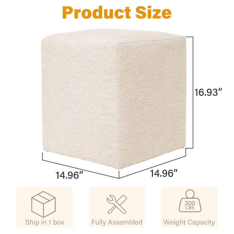 Square Upholstered Ottoman With Solid Wood Frame, White