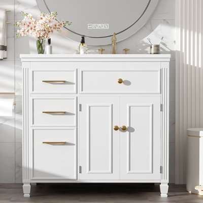 Meuble-lavabo moderne de 91 cm (36 po) avec lavabo en céramique, rangement à tiroirs et tablette ajustable
