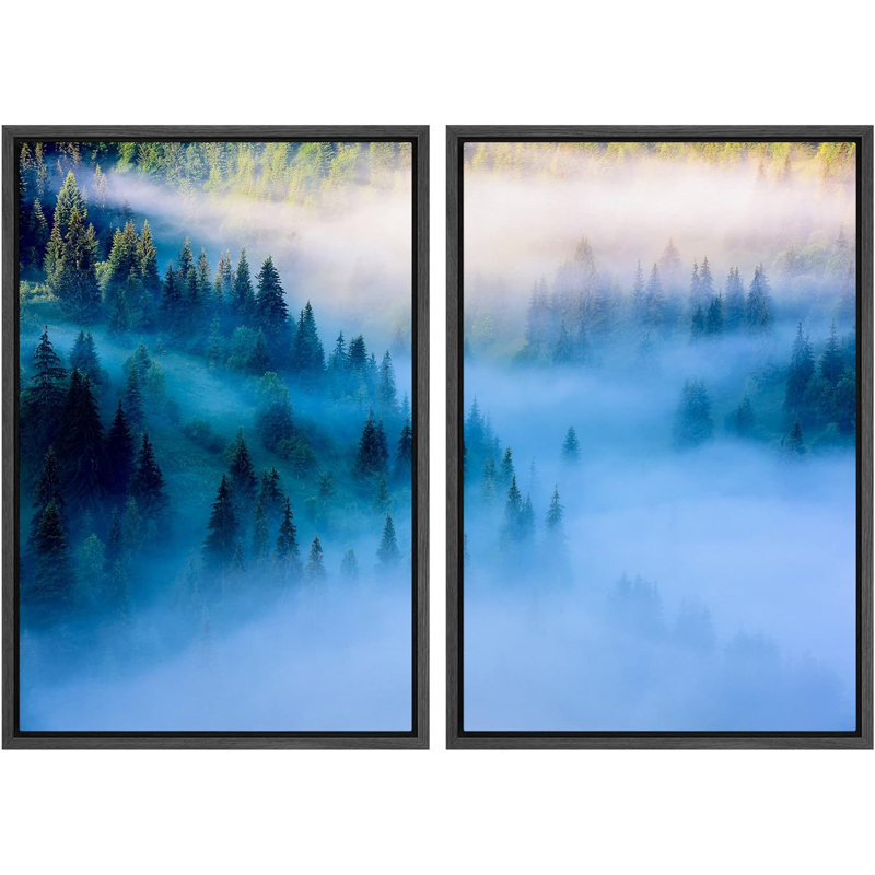 Arbre matinal, brume, chaîne de montagnes, forêt, paysage naturel, photographie, décor, Noir, H 24 po x l 16 po