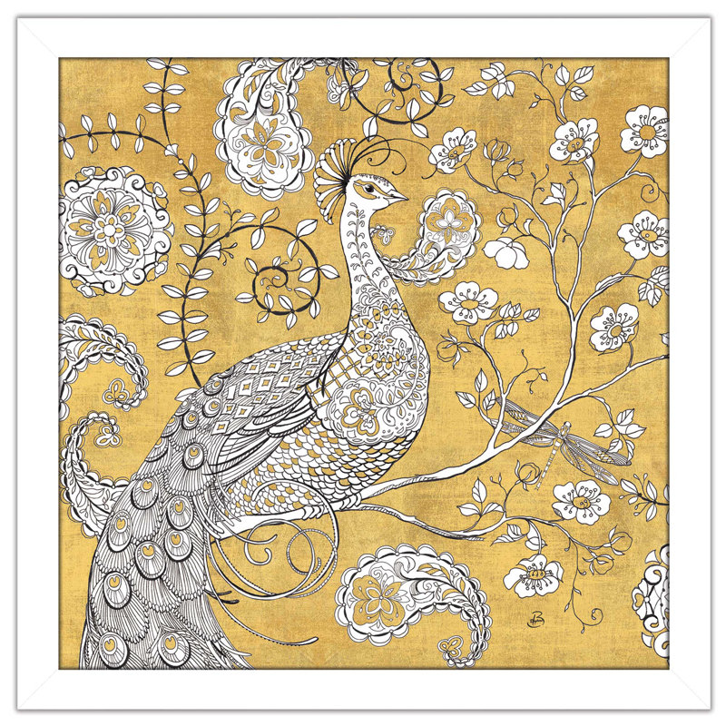 «Color my World Ornate Peacock I Gold», reproduction, H 21,5 po x l 21,5 po x P 0,75 po, Cadre blanc