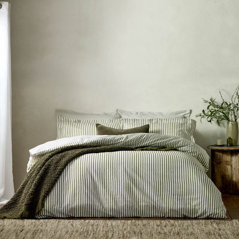 Hebden Mélange Stripe 100% Cotton Duvet Cover Set, Super King Duvet Cover + 2 Standard Pillowcases, Olive Green