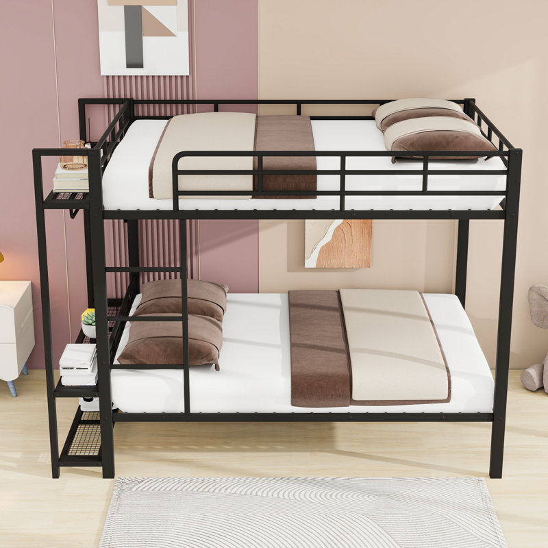 Full Over Full Metal Bunk Bed With LED Lights And Shelves And Clothes Hooks, Black