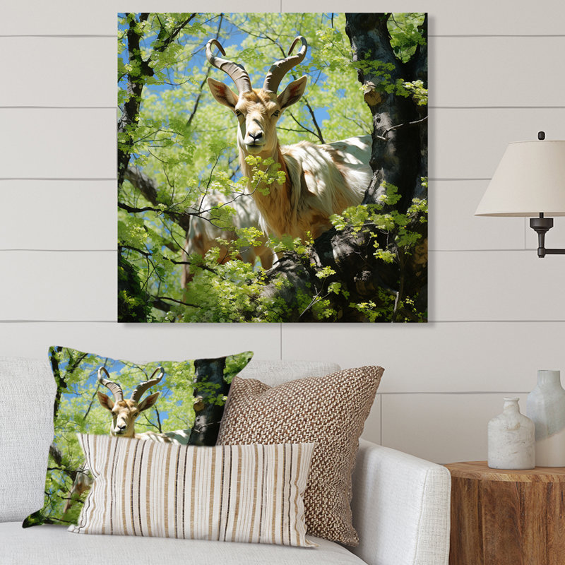 Portrait blanc de chèvre pastorale en forêt - Art mural en métal animal de chèvre, H 16 po x l 16 po