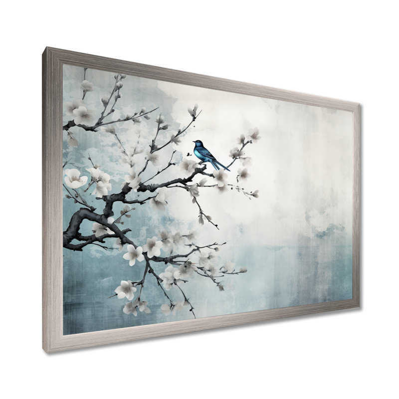 Art asiatique, Sumi oiseau sérénité, art asiatique, H 16 po x l 32 po x P 1 po, Cadre simple argenté