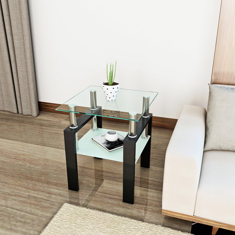 Table basse carrée en verre, ensemble de 2 tables de salon, 2 tables de thé moderne trempé, table de bout, transparent / noir