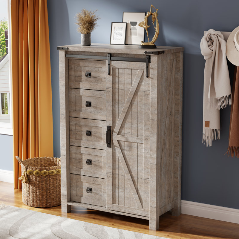 Farmhouse 5 Drawers Dresser Wood Rustic with Sliding Barn Door & Shelf, Light-Color