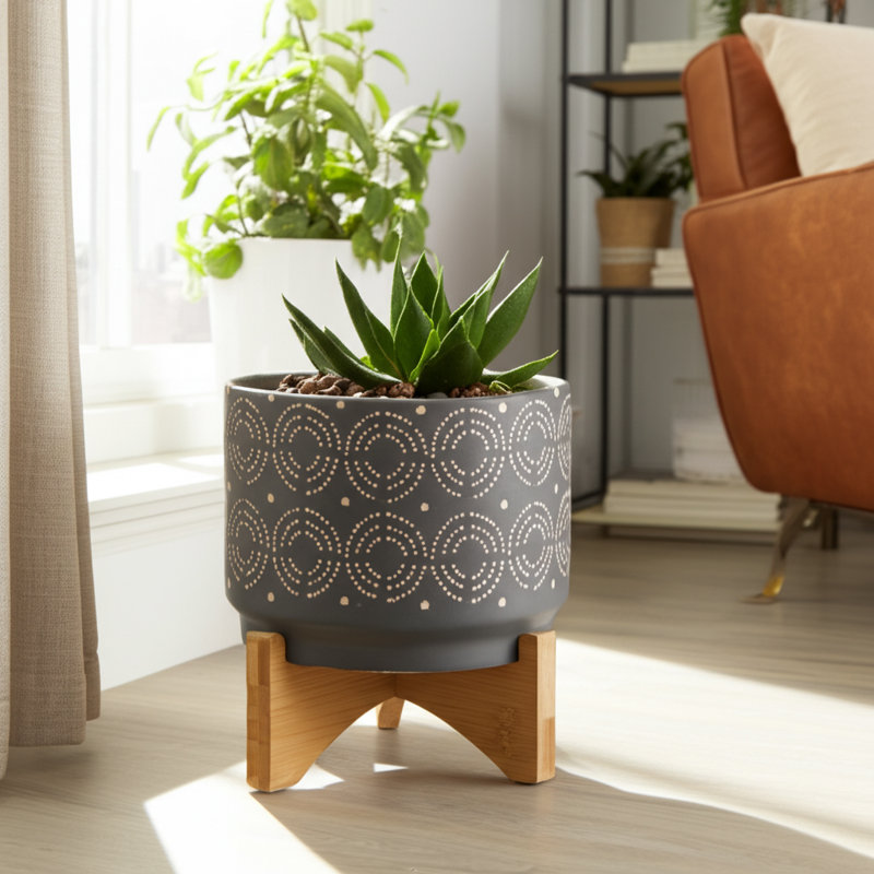 Pot à fleurs en céramique avec support en bois St. Charles - Pot décoratif moderne pour plantes d'intérieur, Gris, Tourbillon