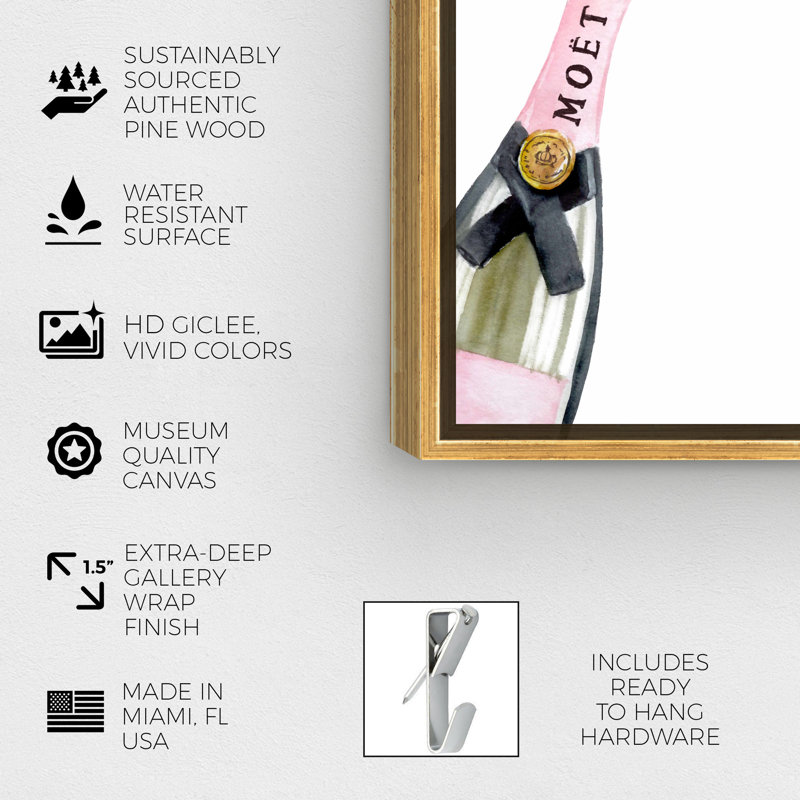 Drinks and Spirits French Cheers Champagne Bottles - impression d'art graphique, Encadrement doré