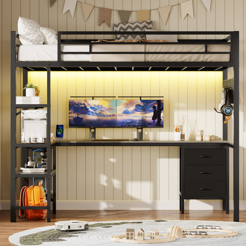Twin Size Loft Bed With L-shaped Desk, Led Lights,charging Station,twin Metal Loft Bed With Desk And Fabric Drawers And Shelves, 13.4" H Safety Guard, No Box Spring Needed