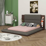 Floor Upholstered Platform Bed With Extended Wood Headboard & Bedside Shelf