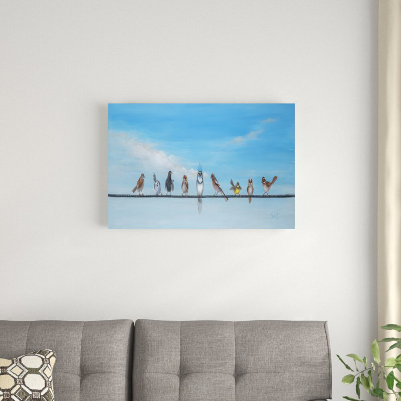 «Sweet Birds on a Wire II» par Sandra Iafrate - peinture sur toile tendue, H 20 po x l 30 po