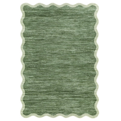 8x10ft Washable Area Rug, Scalloped Edge Low Pile Non-Slip Modern Carpet, Green