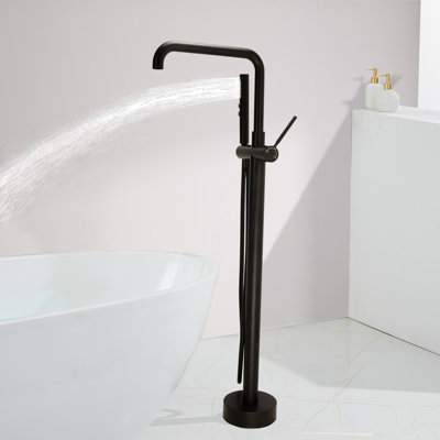 Single Handle Floor Mounted Freestanding Tub Filler with Brass Two-Function Handshower and Diverter
