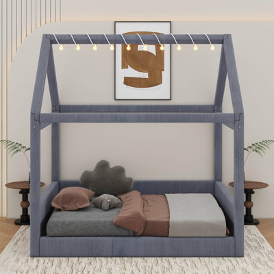 Lit plateforme tapissier pleine grandeur avec bandes lumineuses à DEL, structure de lit de jour en bois
