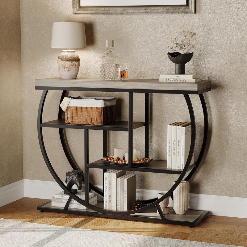 Industrial 4-Tier Narrow Entryway Table with Storage Shelves for Living Room & Hallway, Gray Wood
