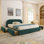 Structure de lit tapissier de style minimaliste moderne - Tissu de fil rond, tête de lit haute incurvée, support de pieds robuste et rangement à roulettes, matelas non inclus