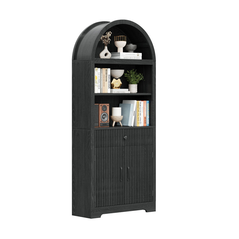 70.86''H Arched Storage Bookcase With Fluted Door And Drawer, Black