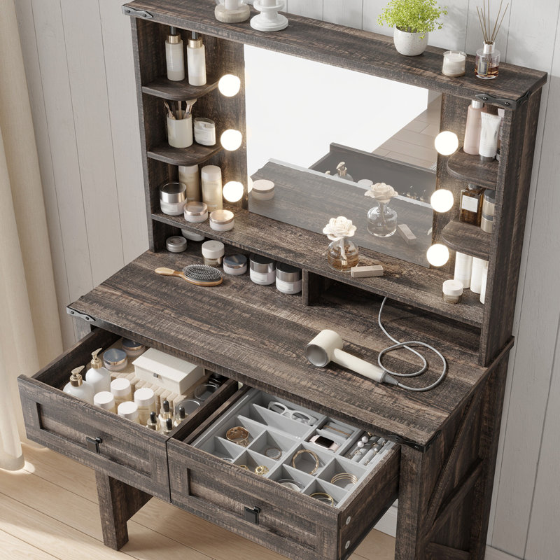 Vanity Desk With Mirror And Lights 31.5" W Farmhouse Makeup Vanity Desk With Charging Station And 2 Drawers & Shelves 3 Color Modes Adjustable, Stool Not Included