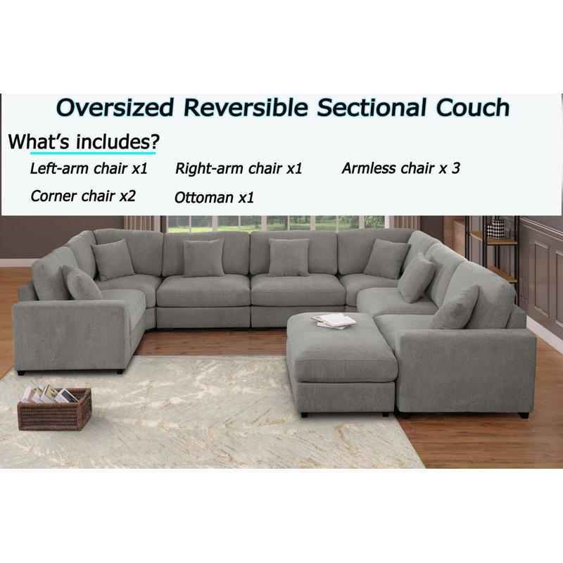 Grand canapé modulaire en coin chenille 8 places, large et profond nuage, Polyester gris kaki