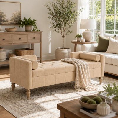64.6"W Upholstered Chenille Flip-top Storage End of Bed Bench, Tufted Accent Footrest with Armrests&Backrest&2 Bolsters Whitewashed Rubberwood Legs fo