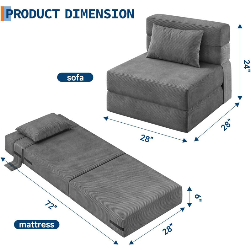 Folding Sofa Bed, 4-in-1 Convertible Sleeper Chair with Pillow, Single Futon Couch Bed with Back Support, Portable Fold Out Chair Bed Comfy Floor Sofa Lounge for Living Room Bedroom, Grey