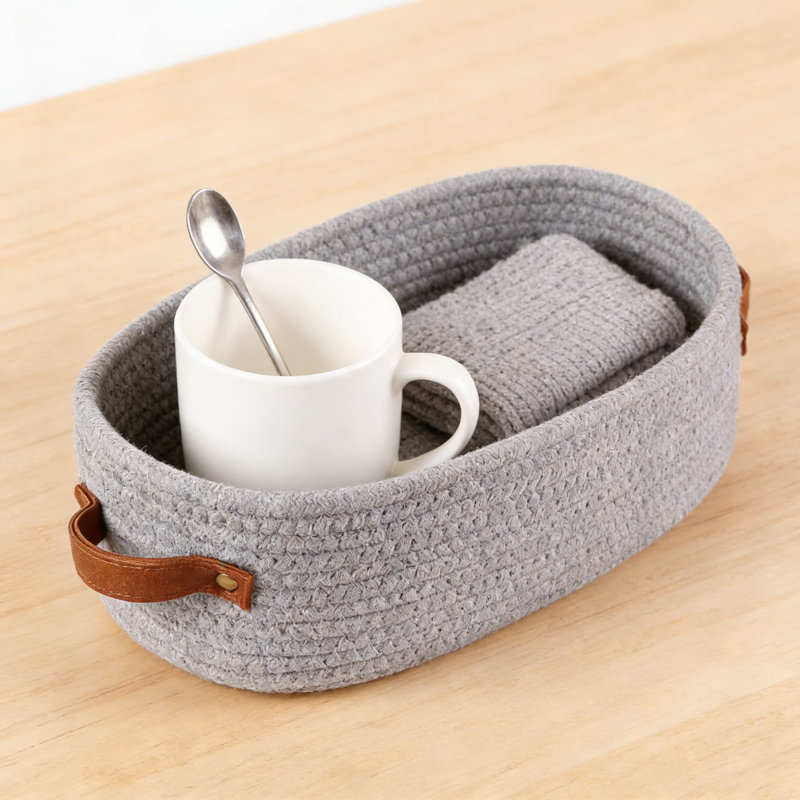 Panier de rangement en corde de coton tissé avec poignées, ensemble de 2 paniers décoratifs pliables pour l'organisation de la salle de bain, du salon et de la chambre à coucher