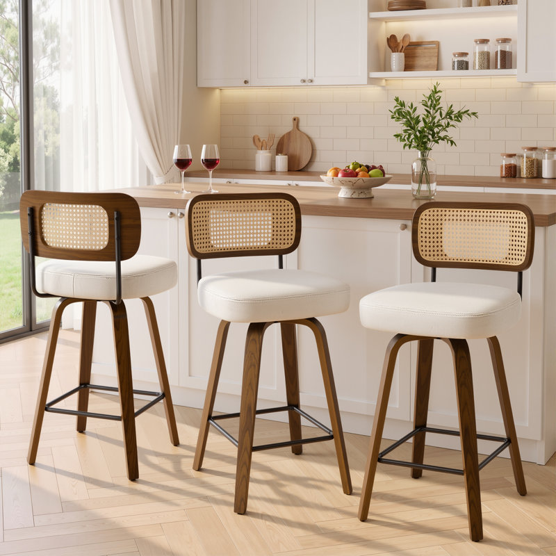 Adianey Swivel Upholstered Rattan Back Counter & Bar Stool, White, Counter Stool (26" Seat Height), Brown