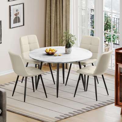 Dining Table And Chairs Set Of 4, Extendable Round Marble Effect Folding Table With Upholstered Tech Fabric Chairs For Dining Room,Kitchen