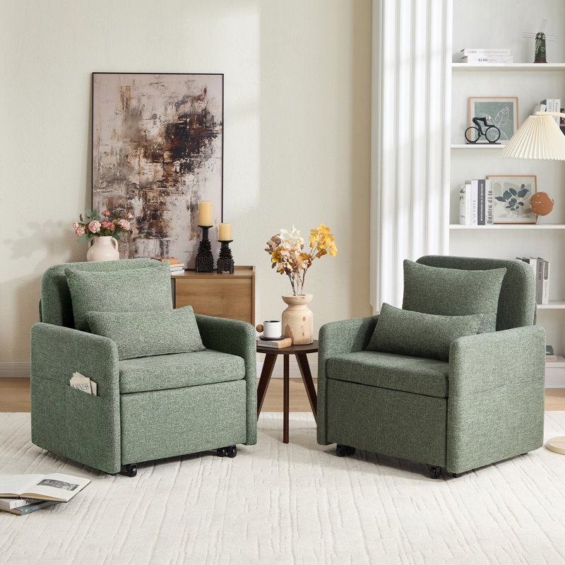 87'L 3-In-1 Convertible Chair Linen Sleeper with  Adjustable Backrest and Storage Bag Set Of 2, Green Linen