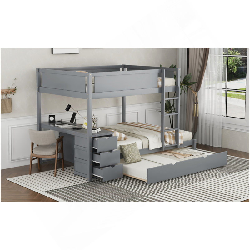  Lit superposé avec lit gigogne simple, rangement et bureau, gris, Gris, Lit double
