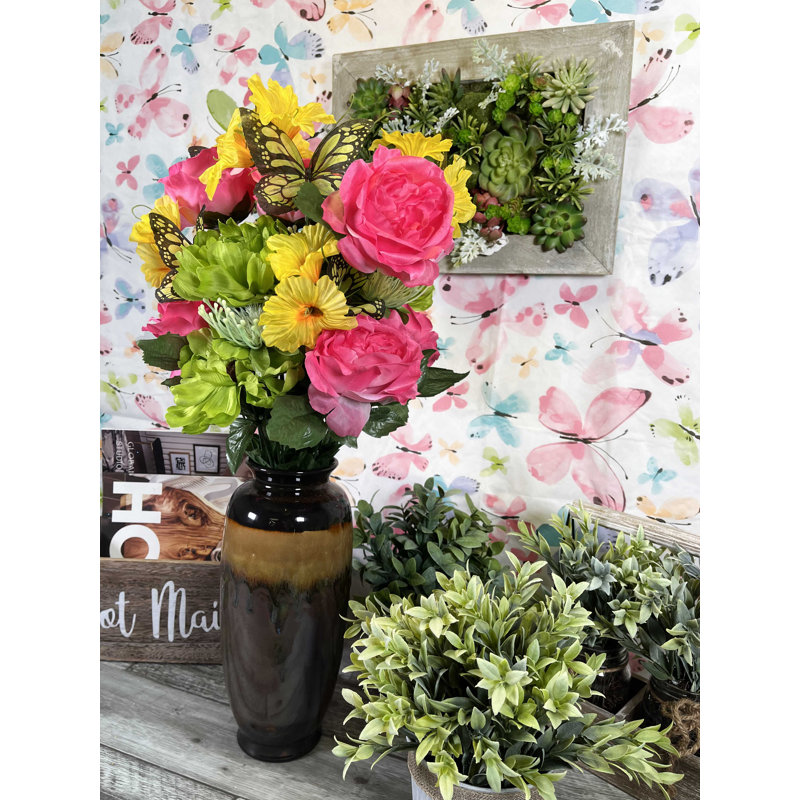 Arrangement floral roses artificielles, Beauté magenta jaune