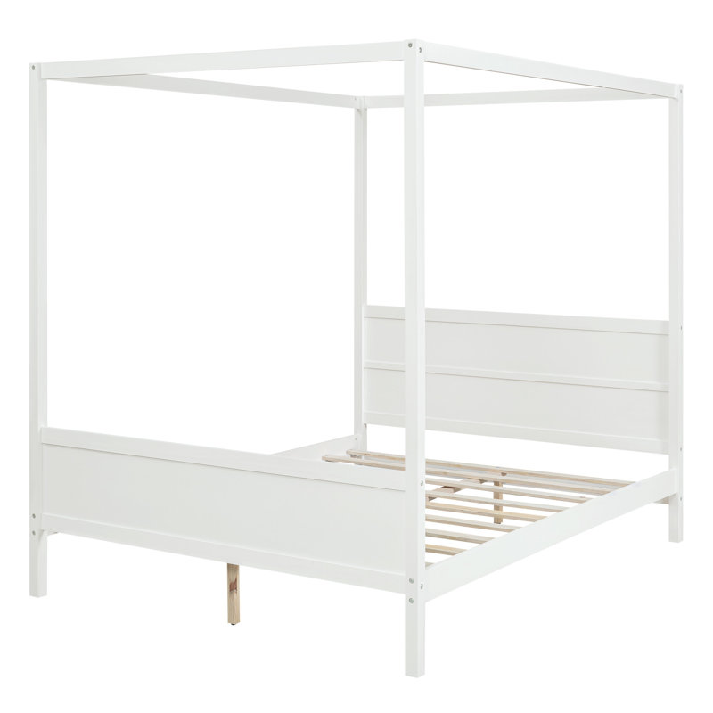 Grand lit à baldaquin en bois blanc avec panneaux incrustés