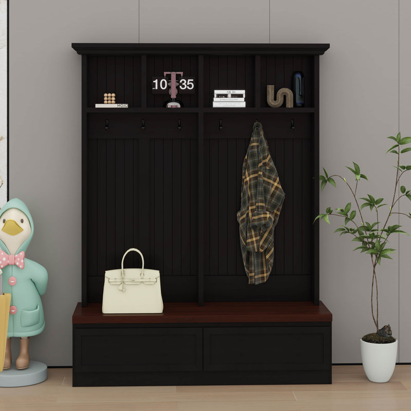 Portemanteau en bois avec banc et tiroirs de rangement Farmhouse, portemanteau 4-en-1, Noir