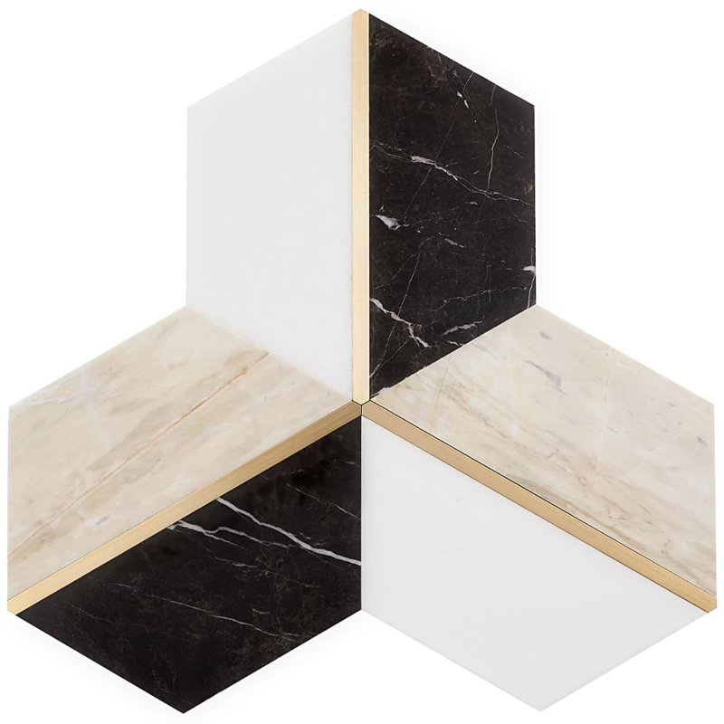 Decade 10x12 Hexagon Polished Marble and Brass Inlay Mosaic Tile, Saint Laurent
