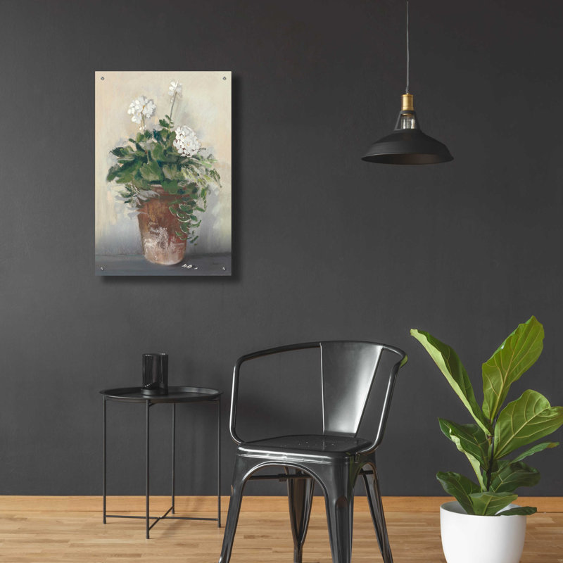 «Pot Of White Geraniums» par Carol Rowan, H 36 po x l 24 po x P 0,2 po