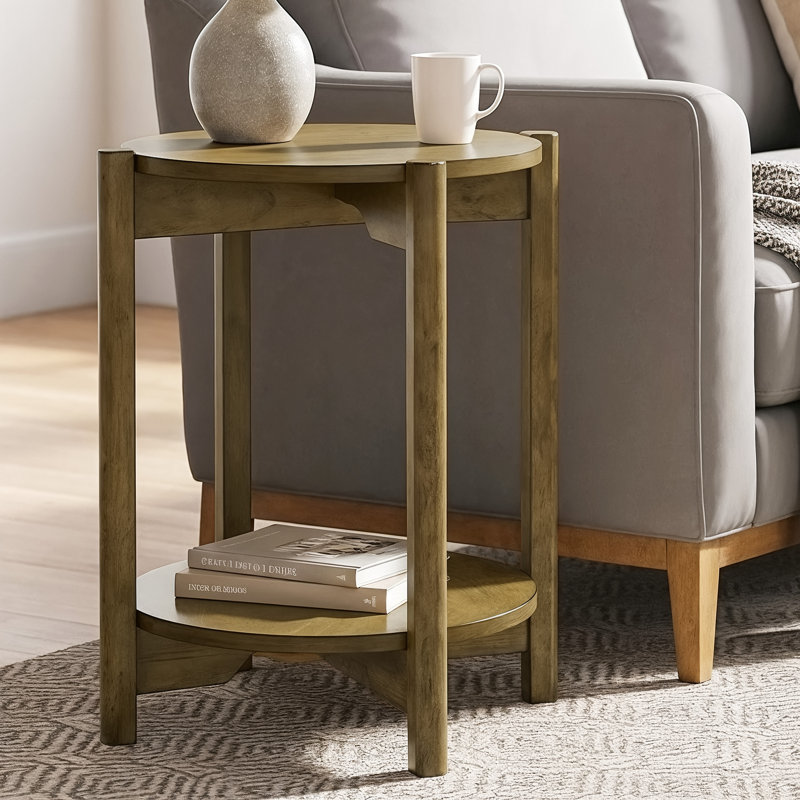 Timber Mid-Century Solid Wood Round End Table With Shelf