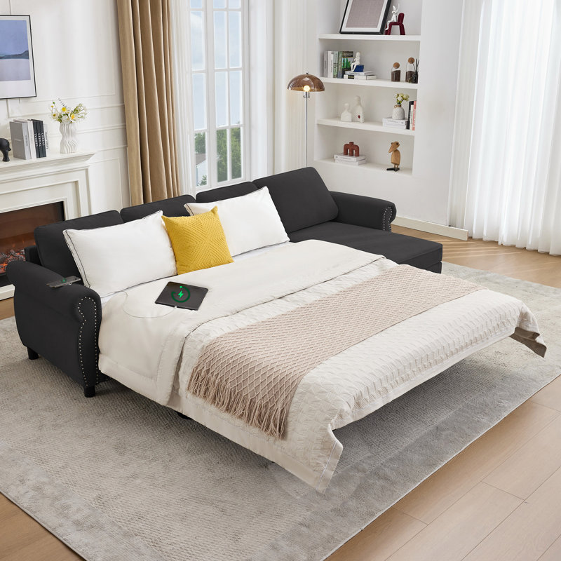 Canapé-lit modulaire en L coulissant avec chargement sans fil et USB, matelas en mousse à mémoire de forme, méridienne de rangement à double sens et fonctionnalité convertible 2-en-1.