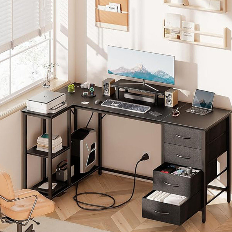 55" L Shaped Computer Desk with 4 Drawers and Power Outlet, Corner Desk with Monitor Stand & Reversible Storage Shelves, Black