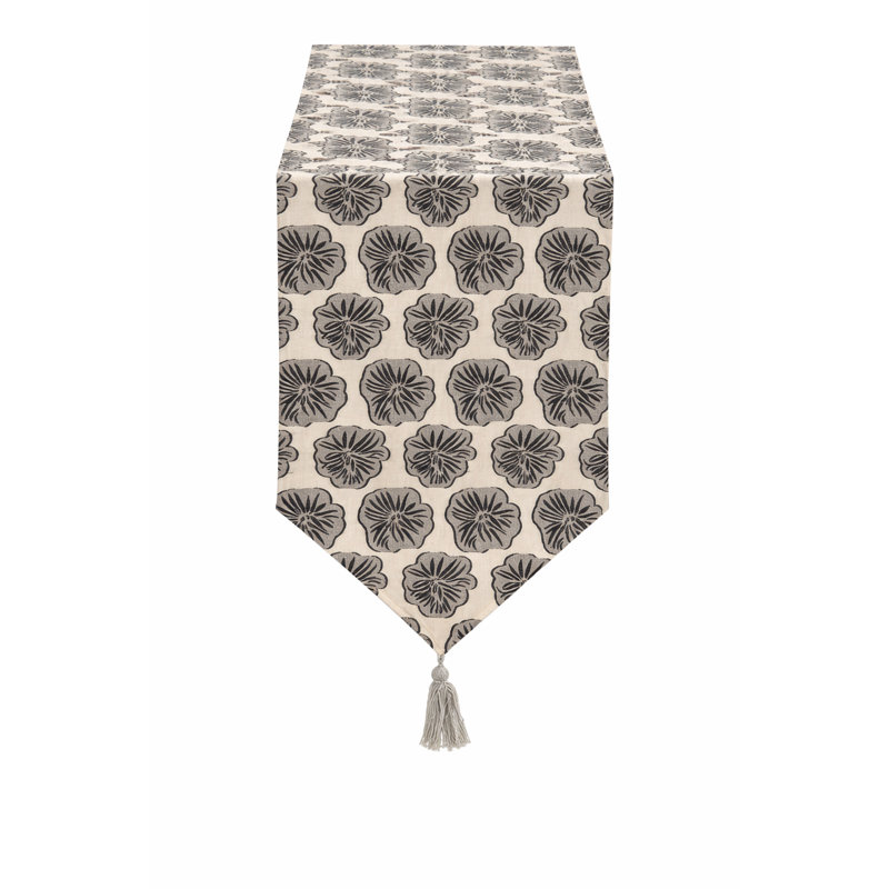 Black Lotus Flower Reversible Cotton Table Runner 14" X 72" With Tassel - Rustic Double-Sided Table Cover