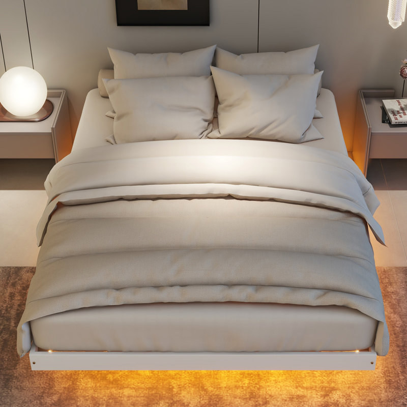 Lit flottant avec lumières DEL en dessous, lit plateforme moderne à profil bas avec lumières DEL, Lit double, Blanc