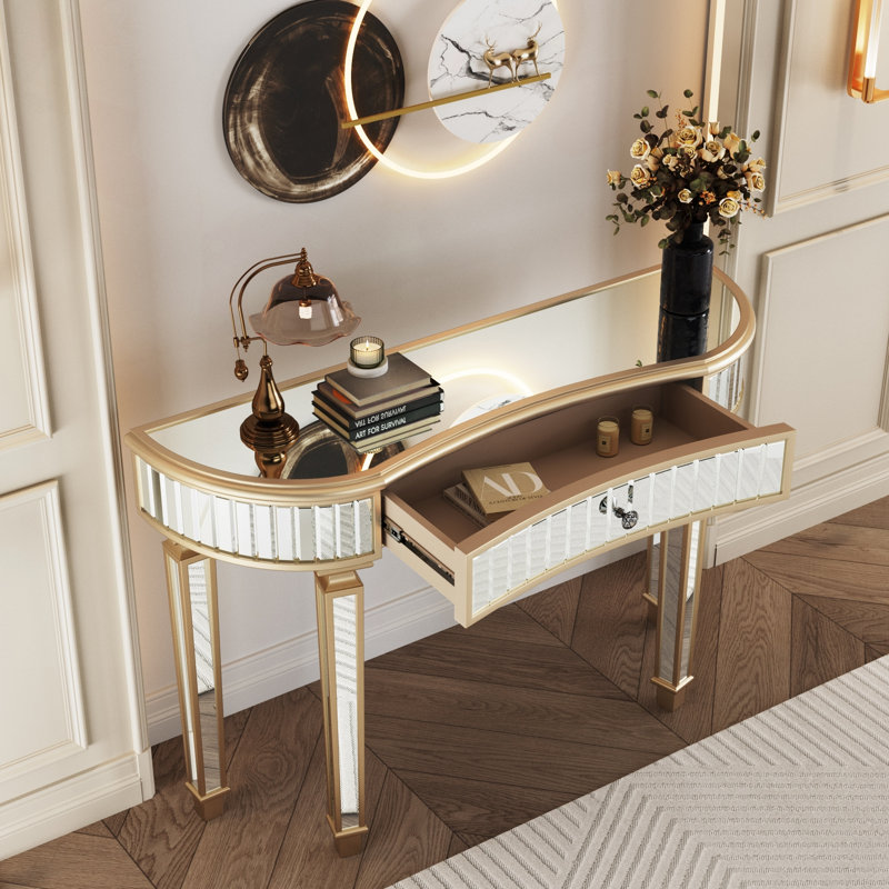 Console demi-lune à miroir en verre cannelé, Or / argent