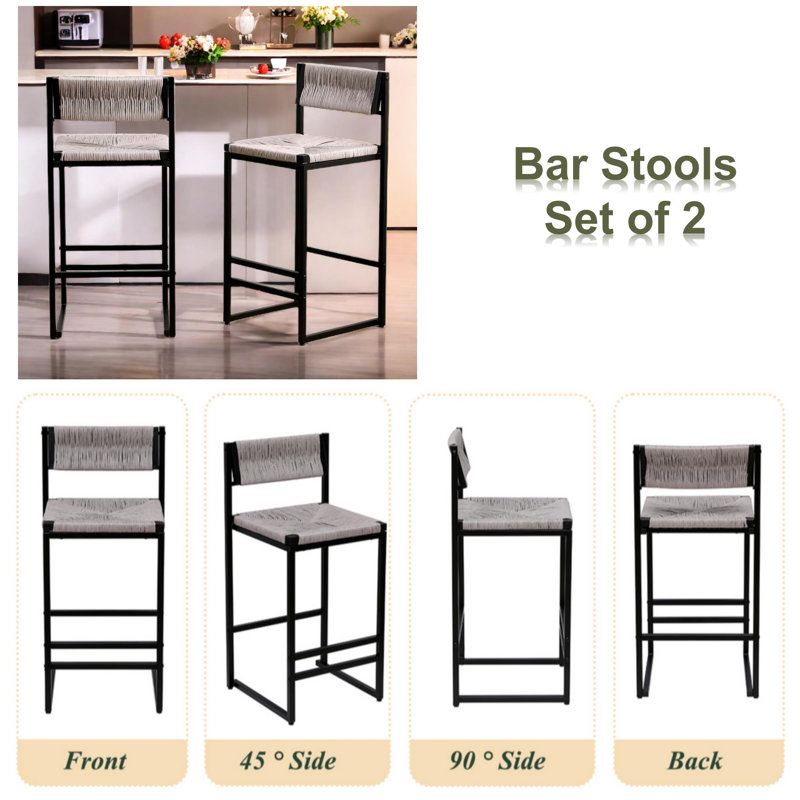 Bar Stools Set Of 2 Paper Rope Weave Dining Chairs And Metal Frame, Gray