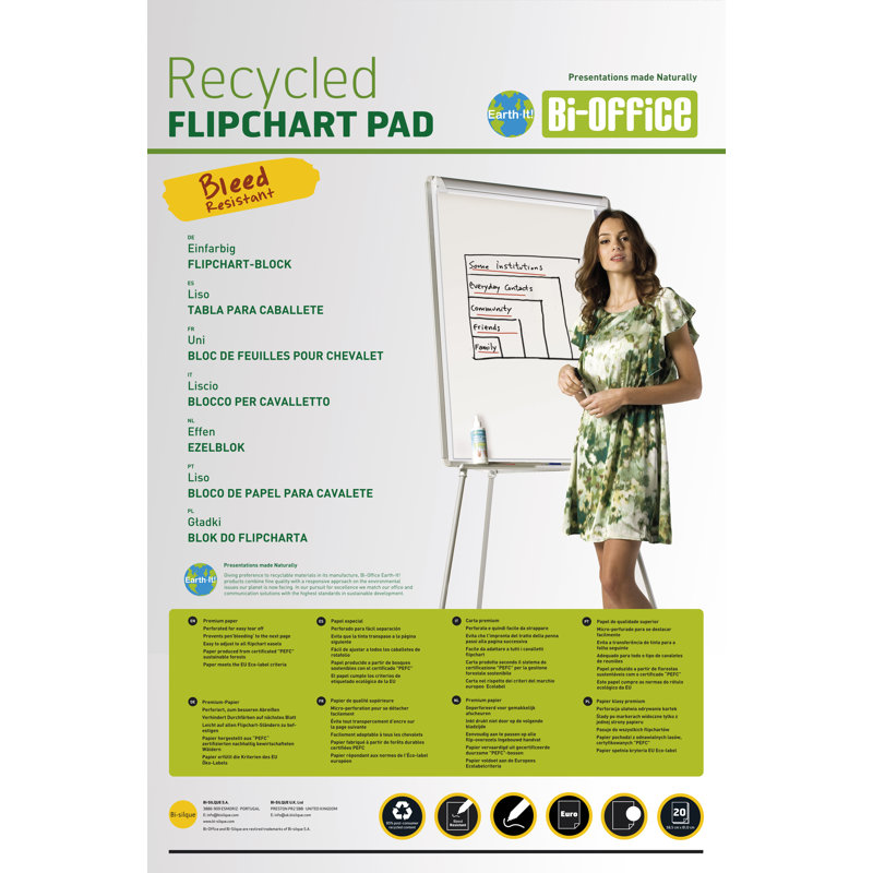 Bi-Office environmentally friendly flipchart pad Earth, recycled 70g/m2 paper, self-adhesive