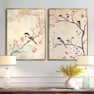 Toile florale asiatique, art mural chinois, 2 oiseaux chinois et fleurs